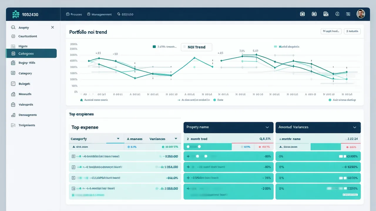 Rentnoi portfolio dashboard showing NOI trend line chart and top expense variance table on dark interface