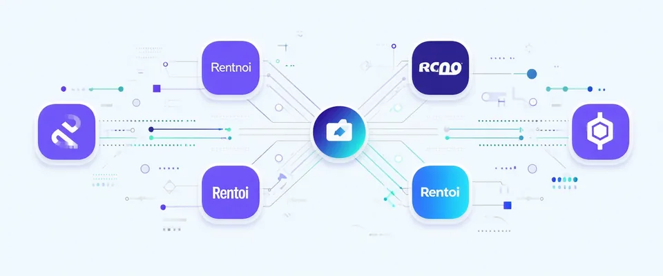 Integration connector illustration showing data flowing from property management software logos into Rentnoi