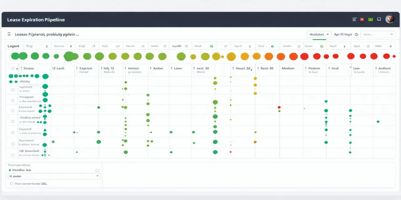Lease Analytics pipeline view showing upcoming lease expirations by property with renewal probability indicators