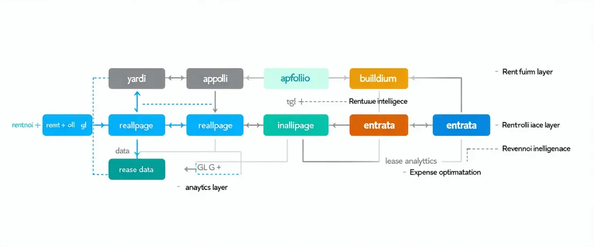 Platform architecture diagram showing property management systems connecting to Rentnoi analytics layer feeding three output modules