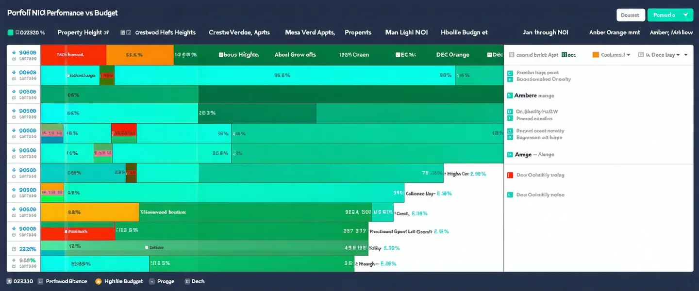 Rentnoi portfolio NOI heatmap showing properties as rows and months as columns with color-coded performance