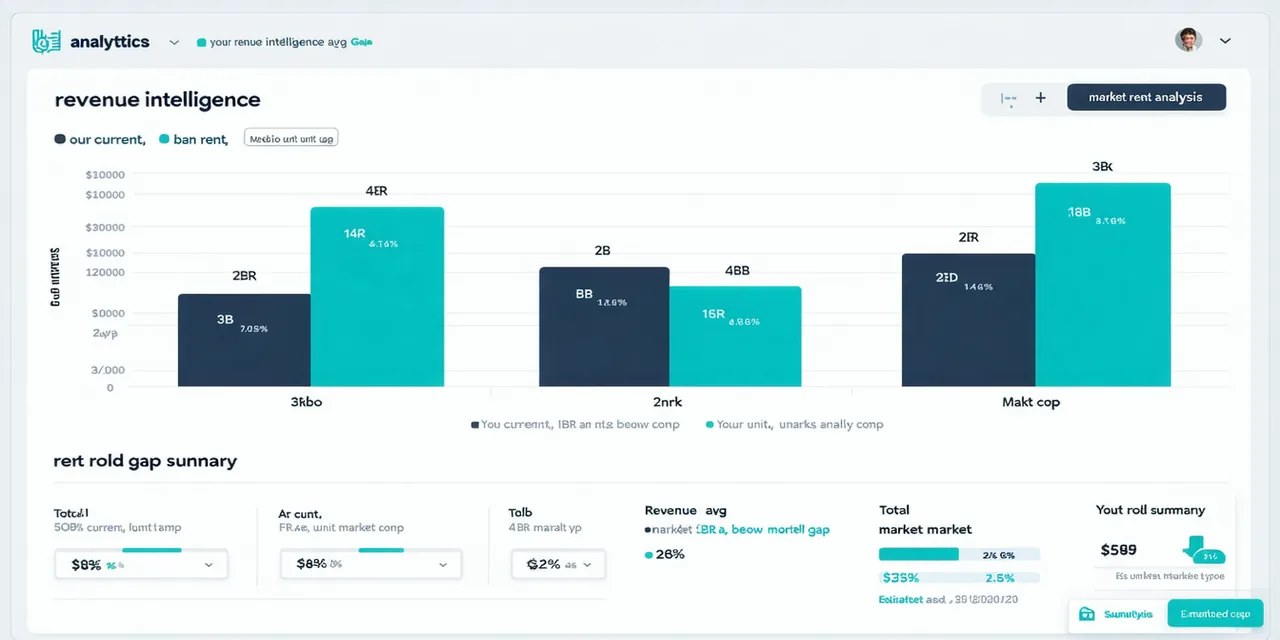 Revenue Intelligence dashboard with bar chart comparing current rents versus market rate comps by unit type